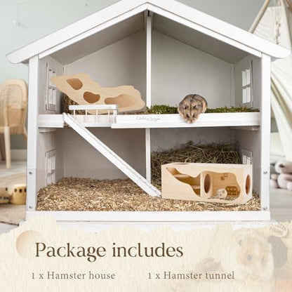 Seenelling 2 Pcs Hamster Hideout Set, Wood Climbing Ladder House and Tunnel