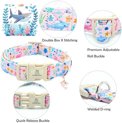 Lionheart glory Dog Collar Sea Animals Print Pink Dog Collars Male or Female Spring Summer Cute Collar Pet Gift Durable Adjustable Dog Collar for Small Dogs