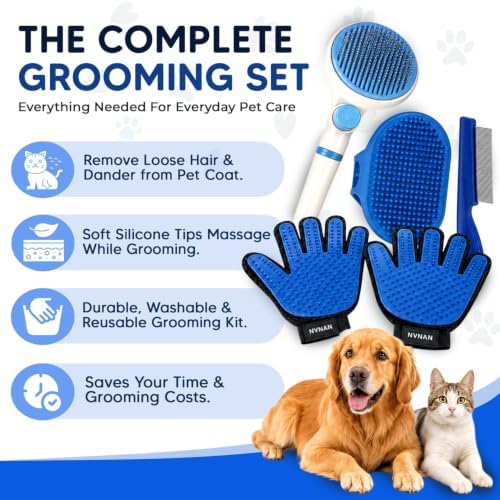 NVNAN 5-Piece Dog Grooming Brush Set with Grooming Gloves