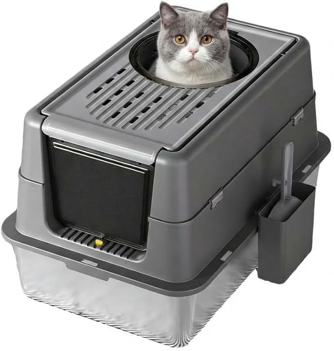 23.62" Large Stainless Steel Litter Box for Large Cats, Enclosed Cat Litter Pan with 180° Flip-Top Lid, Dual Entry Front Door & Top Entrance, Easy Clean Odor Control for Multi-Cat