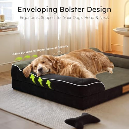 CWAWZ Extra Large Dog Bed, Orthopedic Dog Bed with Cooling Gel Memory Foam, Waterproof XL Pet Bed with Removable Washable Cover, 42" Pet Sofa Couch Dutch Velvet with Bone Toy, Black