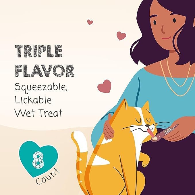 MEOWEE! Savory Spoonables with Real Salmon, Tuna & Krill, 8 Count Tube, Triple Flavor Squeezable Lickable Wet Treats for Cats with Built-in Spoon for Less Mess (Pack of 2)