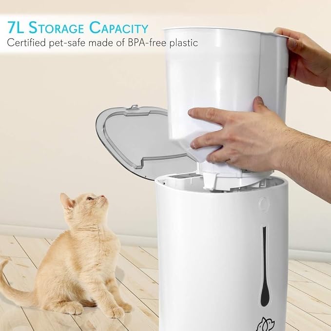 SereneLife 7L Smart Automatic Pet Feeder - Electronic Digital Dry Food Storage Meal Dispenser w/Built-in Microphone, Voice Recorder, Optional Battery, Timer Programmable to Feed Cat and Dog SLAPF30