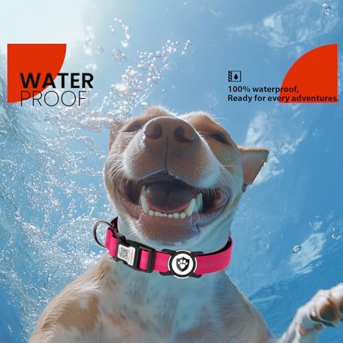Waterproof AirTag Dog Collar with QR Code Dog Tag, Rose Red M