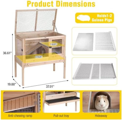 Aivituvin Wooden Guinea Pig Cages Indoor with Removable Stand, Anti Chewing Rabbit Hutch with Ramp and Wire Mesh, 2 Story Small Animals House Habitat with Pull Out Tray (Light Natural Wood)