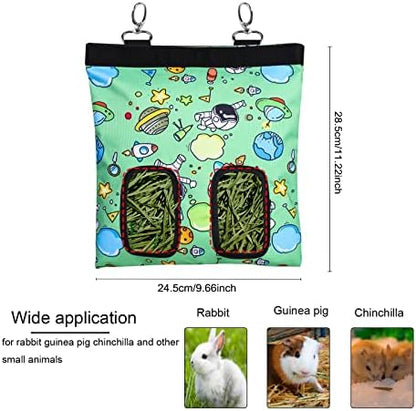 Rabbit Hay Feeder Bag Hanging Hay Rack (Pattern Green, 2 Windows)