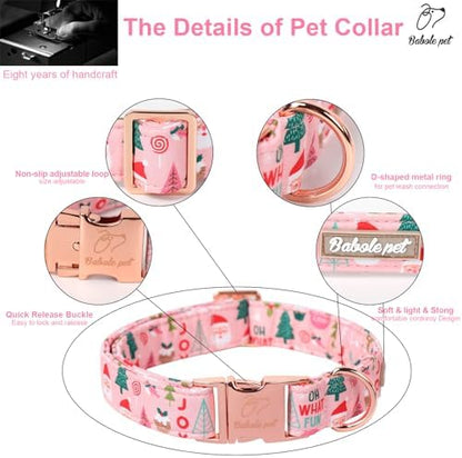 Christmas Dog Collar for Small Dogs - Adjustable Pink Christmas Collars for Dogs with Cute Santa&Tree Print, Heavy-Duty Winter Cotton Puppy Collar with Metal Buckle S