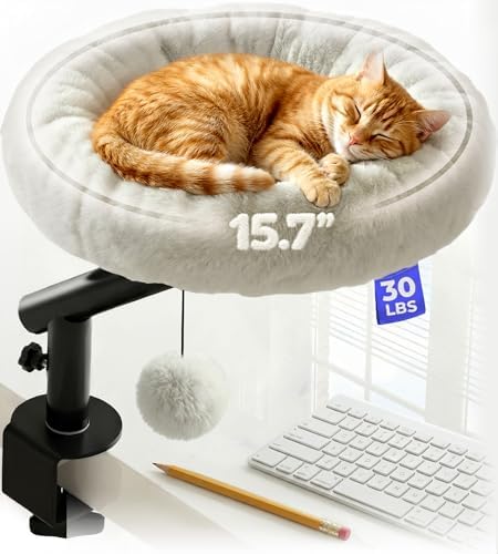 PetLovers Cat Desk Bed - Plush Elevated Desk Bed Attachment with Removable Washable Cushion, 360° Swivel Arm, Secure Clamp - Keeps Your Pet Close While You Work or Play