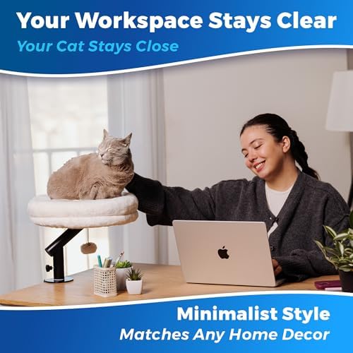 PetLovers Cat Desk Bed - Plush Elevated Desk Bed Attachment with Removable Washable Cushion, 360° Swivel Arm, Secure Clamp - Keeps Your Pet Close While You Work or Play