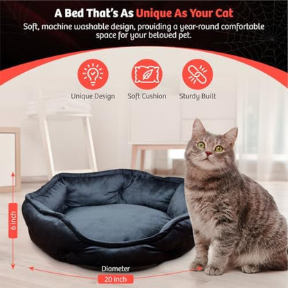 Gothic Cat Bed, 20 Inches Reversible Red and Black Cat Bed for Indoor Cats, Super Soft Plush Pet Bed with Cozy Spider Web Pillow and Secure Non-Slip Bottom