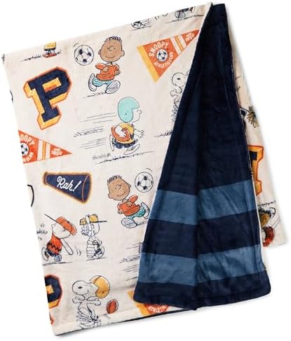 Hallmark Peanuts Plush Throw Blanket, Navy and Gray Stripes (50x60)