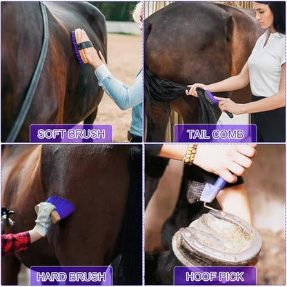 Horse Grooming Kit - 11 Piece Bathing Supplies with Organize Bag, Full Body Kit Including Sweat Scraper, Bath Sponge, Hoof Pick, Massage Comb (Purple)