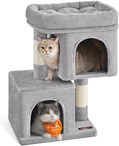 Feandrea Cat Tree, 26.4-Inch Small Cat Tower, Cute Plush Condo, Light Gray