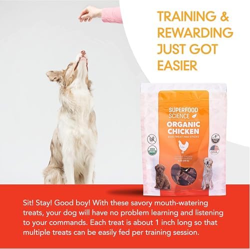 Organic Chicken Dog Treats, Low-Calorie Training Treats, Grain-Free, Semi-Soft Natural Jerky with Sweet Potato, Turmeric & Flaxseed, Healthy Dog Snacks for Puppies & Small, Medium & Large Dogs, 5 oz