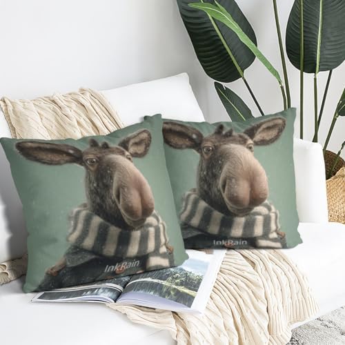 InkRain Winter Animal Cute Moose Pillow Cover 28x28 Inch Set of 2 Home Decor Decorative Cotton Linen Illustration Pillowcases for Living Room House Sofa
