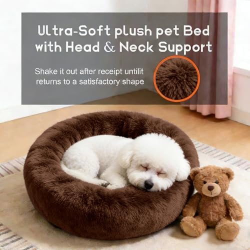 Comfort Donut Dog Bed for Small Dogs, Cat Bed & Pet Bed for Indoor Use, Medium Size with Soft Plush, Round Dog Beds for Large Dogs and Cats (Coffee, 20''Lx20''Wx8''Th)