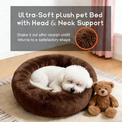 Comfort Donut Dog Bed for Small Dogs, Cat Bed & Pet Bed for Indoor Use, Medium Size with Soft Plush, Round Dog Beds for Large Dogs and Cats (Coffee, 20''Lx20''Wx8''Th)