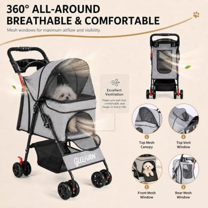 Dog Stroller, Pet Stroller with 4 Wheels, Foldable Dog Strollers for Small Medium Dogs & Cats, Cat Stroller with Storage Basket, Breathable Mesh, 360° Wheels & Rear Brakes Grey