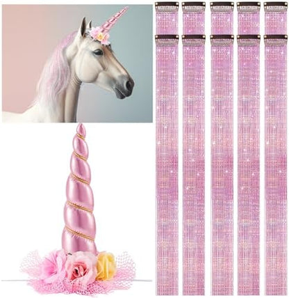 Juexica 19 Pcs Unicorn Horn for Horse, Pink Hair Extensions Clip in