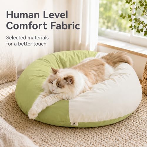 Cat Marshmallow Cave Bed, Plush Hideaway Washable Round Cushion (Green)