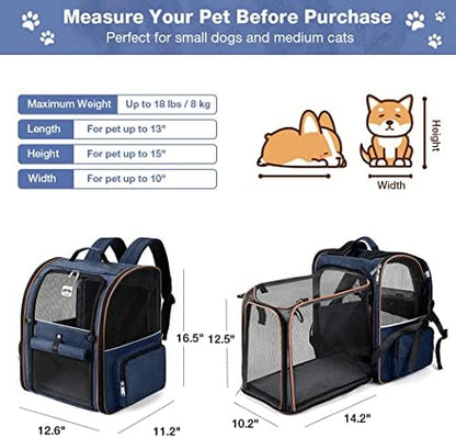 Large Cat Backpack Carrier Expandable Pet Carrier Backpack for Small Dogs Medium Cats Fit Up to 18 Lbs, Dog Backpack Carrier, Foldable Puppy Backpack Carrier for Travel, Hiking,Blue