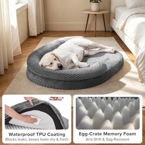 JOEJOY XL Orthopedic Dog Beds Large Sized Dog, Extra Large Washable Waterproof Oval Large Dog Bed with Removable Cover, Egg-Crate Foam Pet Bed with Bolster & Non-Skid Bottom, Dark Grey, 42''x32''