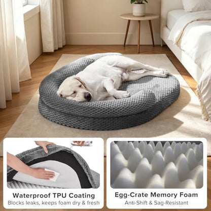 JOEJOY XL Orthopedic Dog Beds Large Sized Dog, Extra Large Washable Waterproof Oval Large Dog Bed with Removable Cover, Egg-Crate Foam Pet Bed with Bolster & Non-Skid Bottom, Dark Grey, 42''x32''