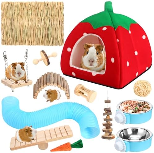 Youyole 13 Pcs Guinea Pig Starter Kit Hamster Toys Bed Guinea Pig Cage Accessories with Tunnel Grass Mats Pet Food Bowl for Christmas Chinchillas Hedgehogs Ferrets Rabbit Hideout Essentials(Red)