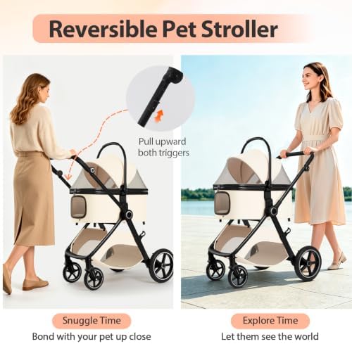 3 in 1 Pet Stroller for Small Medium Dogs,Luxury Dog Stroller with Reversible & Height-Adjustable Handle,Washable Pad&Liner,Rubber Wheels,for Puppy,Senior Pets,Outdoor,Shopping&Vet Visits (Beige)
