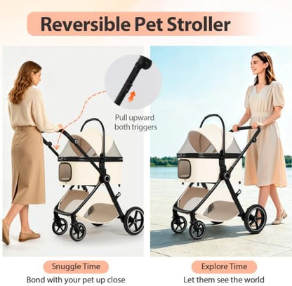 3 in 1 Pet Stroller for Small Medium Dogs,Luxury Dog Stroller with Reversible & Height-Adjustable Handle,Washable Pad&Liner,Rubber Wheels,for Puppy,Senior Pets,Outdoor,Shopping&Vet Visits (Beige)