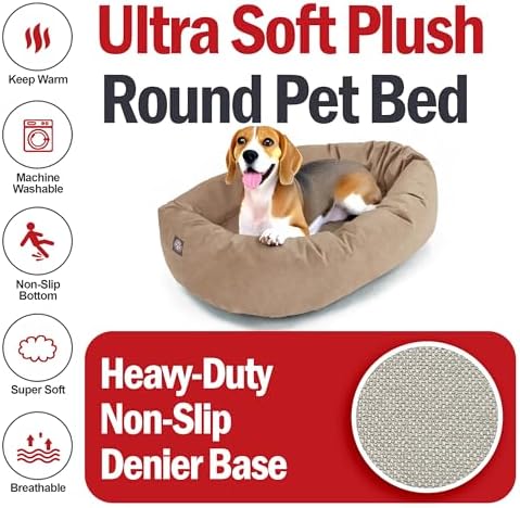 Majestic Pet 32 Inch Suede Calming Dog Bed Washable – Cozy Soft Round Dog Bed with Spine Support for Dogs to Rest their Head - Fluffy Donut Dog Bed 32x23x7 (Inch) - Round Pet Bed Medium – Stone (2025)