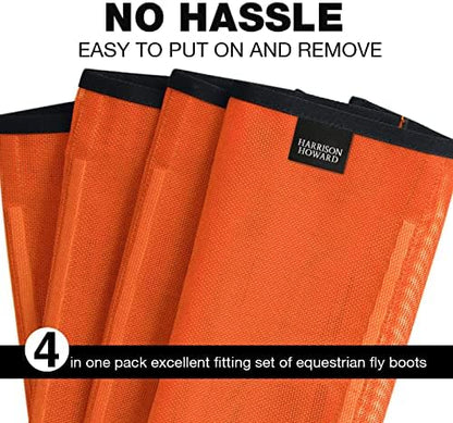Harrison Howard Loose Fitting Fly Boots UV-Protective Extra Tough Mesh Ventilated Four Fasteners Stay-on Design Protect Horse Legs & Stomp-Reducing Set of 4 Orange Pony