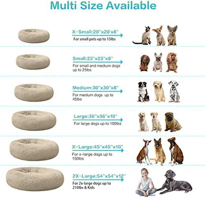 SAVFOX 20 inches Calming Donut Dog Bed - 3X Durable Plush Faux Fur, Machine Washable & Non-Slip, Fits up to 15 lbs, Beige