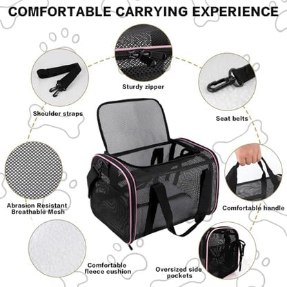Cat Carrier Soft-Sided Dog Pet Carrier Pets Travel Carriers for Big Cats Small Dogs Mesh Puppy Carry Bag,TSA Airline Up to 16 Lbs (Pink, 17 * 11 * 11)