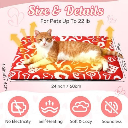 2 Pack Valentine Self Warming Cat Mats Red White Heart Reflects Body Heat Self Heating Bed Machine Washable Thermal Pet Pad with Non Slip Bottom 18 x 24 Inch for Winter Indoor Kitten Dog Crate