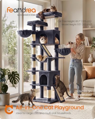 Feandrea Large Cat Tree, 81.1" Tall Sturdy Cat Tower for Indoor, Dark Gray