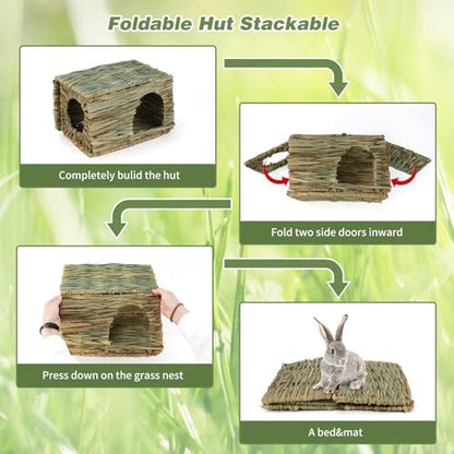 BWOGUE Large Bunny Grass House, Natural Seagrass Bed Hideaway Toy, Hay Mat
