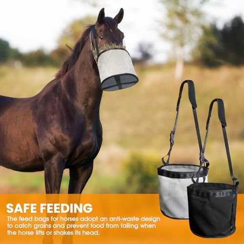 Horse Feed Bag, 2 Pack Heavy Duty Nylon Muzzle Grain Feed Bag with Adjustable Elastic Strap, Mesh Feed Bags with Durable Waterproof Bottom Muzzle Comfort Neck Pad for Horse