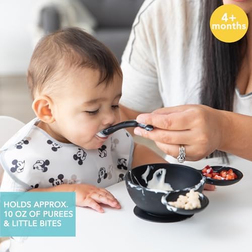 Bumkins Disney Mickey Mouse Bowl, Silicone First Feeding Set with Suction, Includes Spoon, Training Essentials for Baby-Led Weaning, Toddler Self-Feeding, Babies Eating at 4 Mos Up, Black