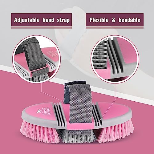 Harrison Howard Flexible Finish Horse Grooming Brush - Bendable, Comfortable Hold, Cherry Pink