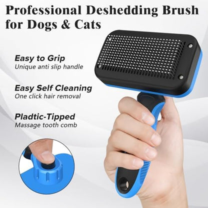 2PCS Self Cleaning Slicker Brush & Dog Comb - Skin Friendly Deshedding Grooming Tool for Dogs, Cats and Small Animals, Professional Deshedding Dematting Tool for Long and Short Haired Pets (Blue)