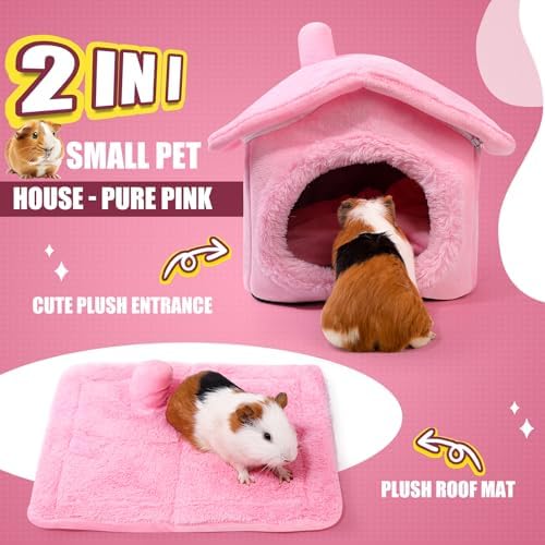 Guinea Pig Hideout - Guinea Pig Bed, Separable Plush Roof, Bunny Hideout, Rabbit Bed, House Bed for Small Pets, Pure Pink