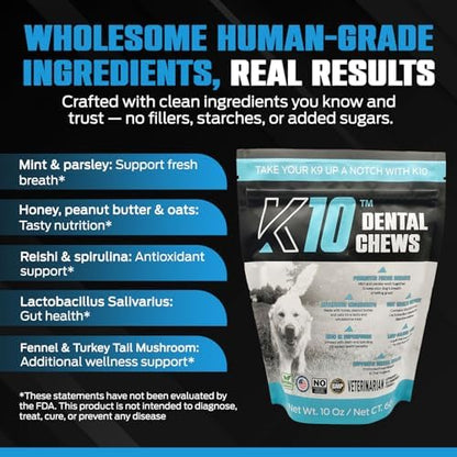 K10 Dental Chews for Dogs, Supports Dental & Oral Wellness, 60 Count