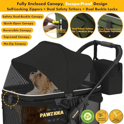 PAWZIDEA Dog Stroller for Large Dogs, No-Zip 180° Canopy, One-Hand Foldable