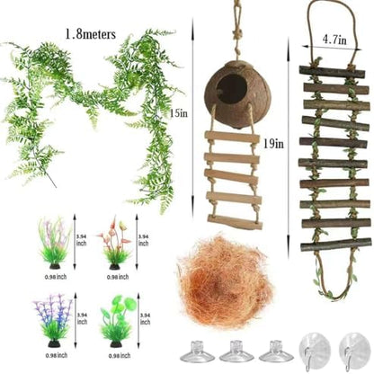 Crested Gecko Tank Accessories, Reptile Bridge and Plants with Coconut Shell Ladder Hideout, Natural Terrarium Decor for Lizard, Chameleon, Leopard Gecko, Snake, Hermit Crab and Tortoise (8PCS)