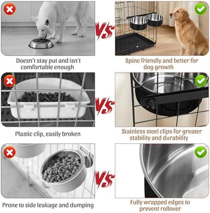 Dog Crate Water Bowls No Spill, 40oz Stainless Steel Dog Food and Water Bowl Set for Large/Medium/Small Pets, Detachable Hanging Pets Bowls for Cage, Kennel, Crate(Black)