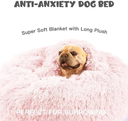 Himax 26in Covered Medium Dog Bed with Blanket Attached Calming Burrow Pink