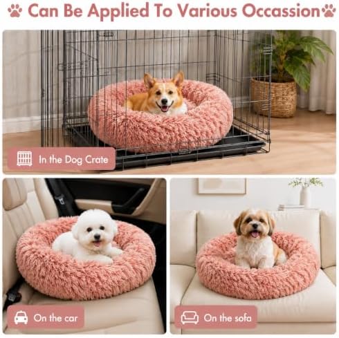 Cat Beds for Indoor Cats, Round Fluffy Cute Small Cat Bed, Washable Anti-Slip Donut Pet Bed, Round Dog Bed for Small Pets (Pink)