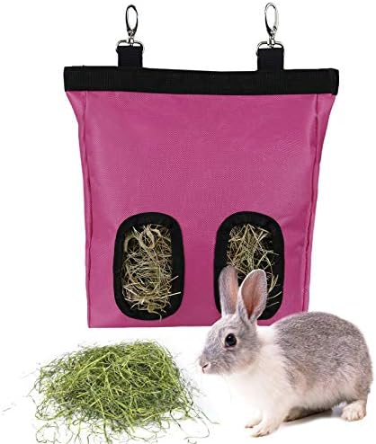 Rabbit Hay Feeder Bag Hanging Hay Rack (Pink, 2 Windows)