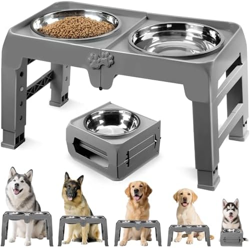 Elevated Dog Bowls for Large Dogs 5 Adjustable Heights 7.5"-15.4", 2 X-Large 10” Stainless Steel Bowls, Heavy Duty Raised Dog Bowl Stand Foldable Pet Feeder for Dogs Shoulder Height Over 15”, Grey